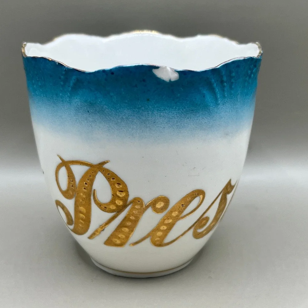 Antique Weimar Germany Porcelain A Present Cup Teal Blue Gold Scalloped As Is